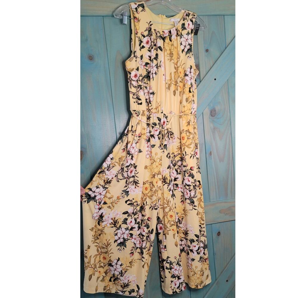 London Times Yellow Tropical Floral Elastic Waist Zip Back Lined Midi Jumpsuit